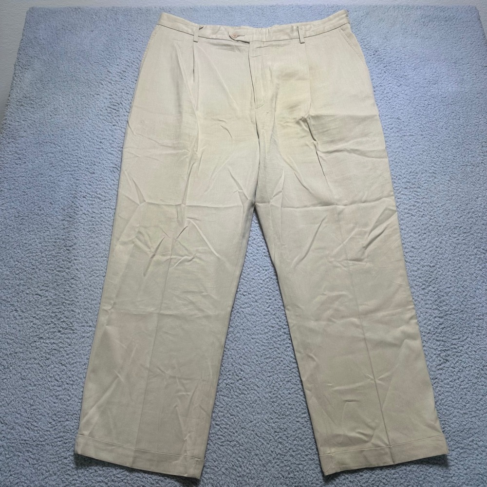 Bugatchi Uomo Mens 40x30 Silk Linen Blend Dress Pants Beige Tan Flat Front